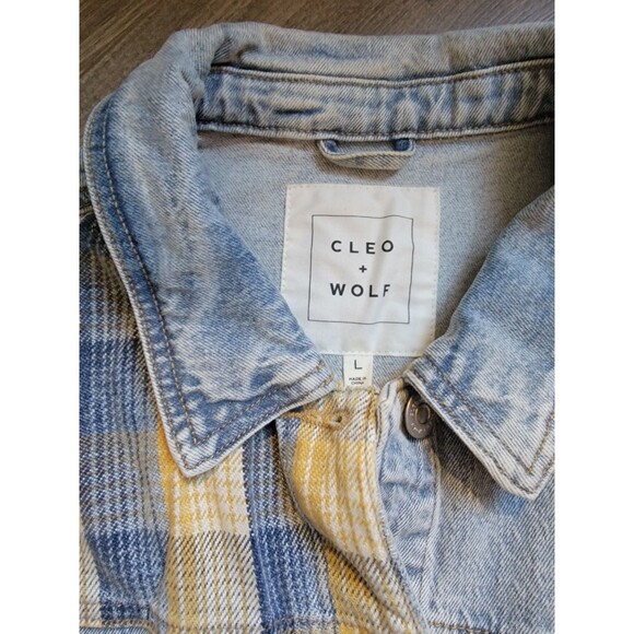 Cleo + Wolf Size L Blue Plaid Mix Denim Button Jacket Open Edge Hem - Picture 3 of 4